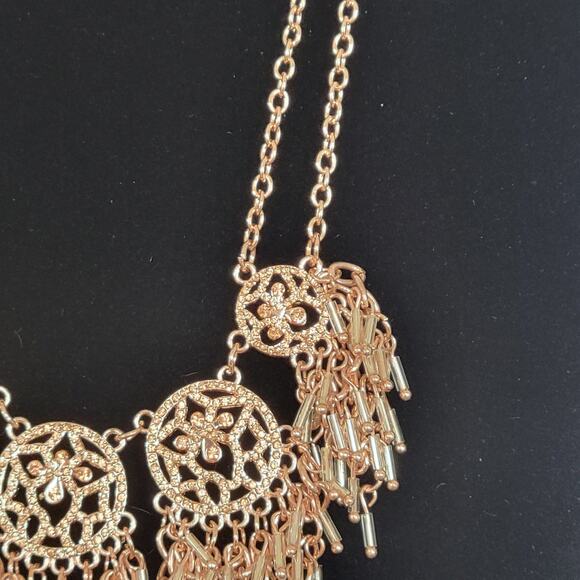 Rose Gold Tone Statement Necklace Filigree Beaded Fringe 16" +3" Extender - Picture 9 of 15